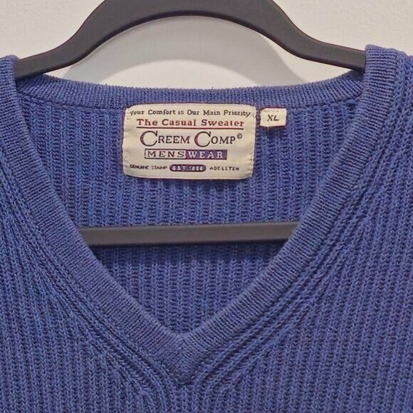 Vintage Creem Comp Menswear Blue Knit V-Neck Sweater XL - Picture 1 of 13